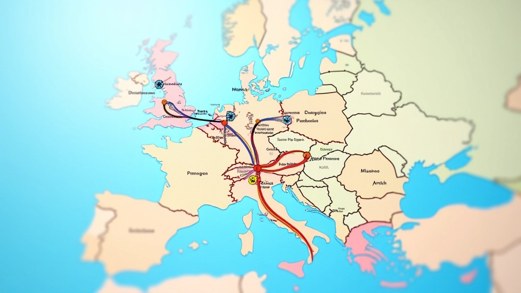 Carte routière de l'Europe montrant les connexions entre les pays, avec épingles et lignes reliant les capitales