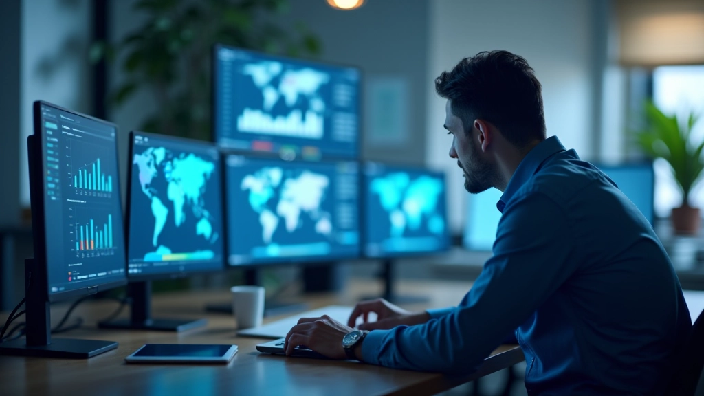 Analyste financier travaillant avec plusieurs écrans affichant des graphiques et des données