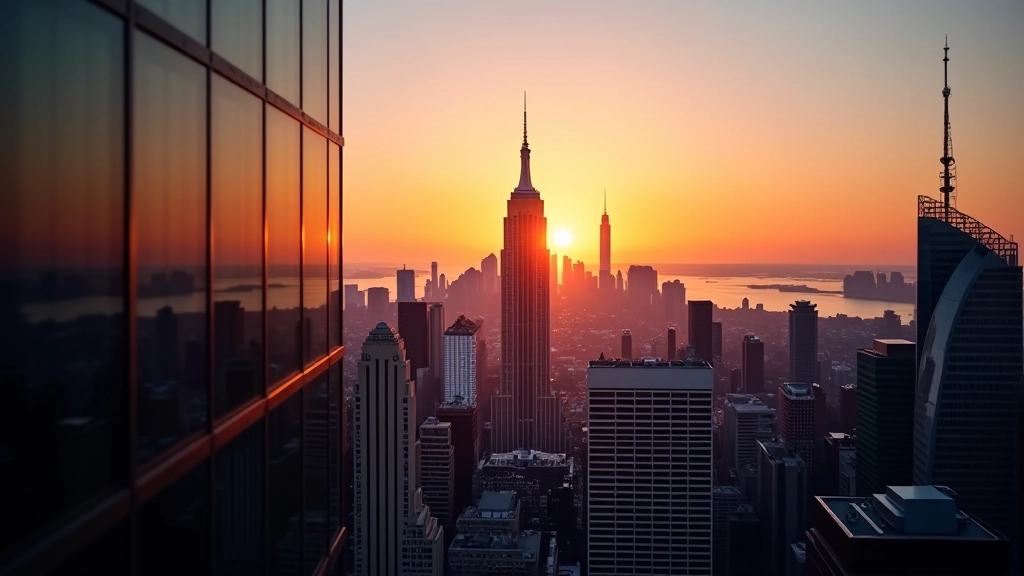Gratte-ciel de New York au coucher du soleil reflétés dans un immeuble de verre moderne