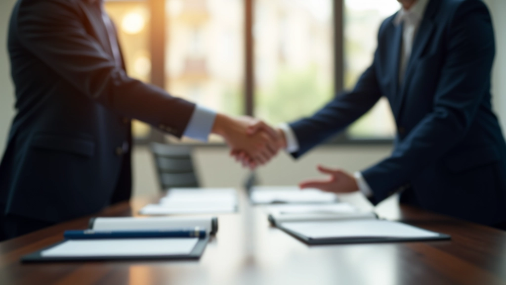 Salle de conférence avec documents de fusion et d'acquisition, tableaux financiers, poignée de main symbolisant la transaction