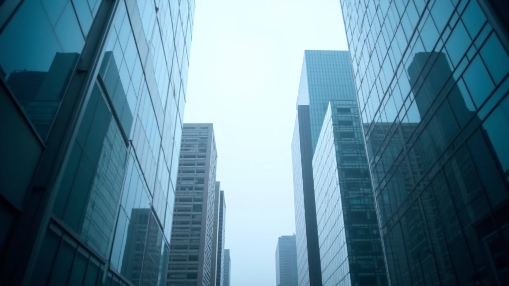 Quartier financier moderne avec bâtiments de bureaux en verre et atmosphère d'affaires internationale
